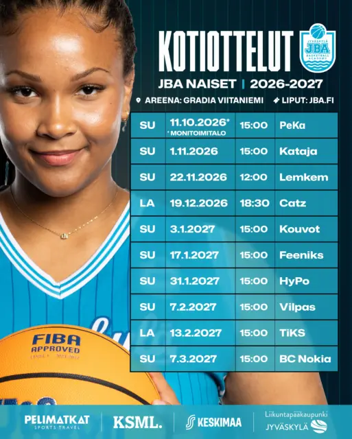 🏀 JBA Naiset, Kotiottelut 26-27!

🏟️ Areena: Gradialla Viitaniemi D

👉 Kausikortit ja otteluliput: jba.fi

🩵 Nähdään katsomossa! 

#jbafi #jbaway #jyväskylä #liikuntapääkaupunki