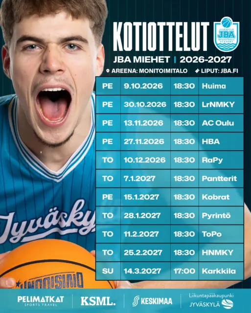 🏀 JBA Miehet, Kotiottelut 26-27!

🏟️ Areena: JKL Monitoimitalo

👉 Kausikortit ja otteluliput: jba.fi

🩵 Nähdään katsomossa! 

#jbafi #jbaway #jyväskylä liikuntapääkaupunki