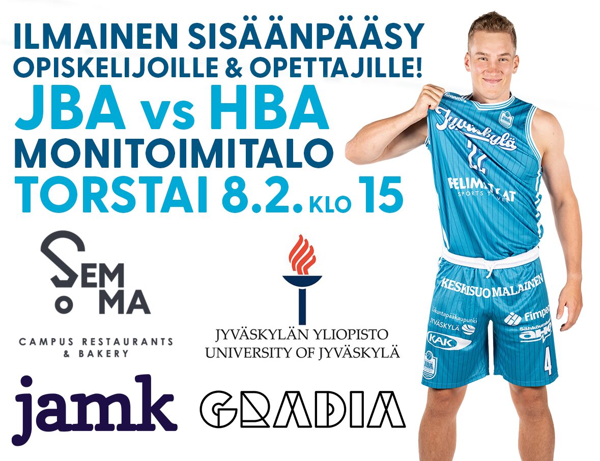 Opiskelijaottelu JBA vs HBA torstaina 8.2. klo 15 Monitoimitalolla, ilmainen sisäänpääsy opiskelijoille ja opettajille