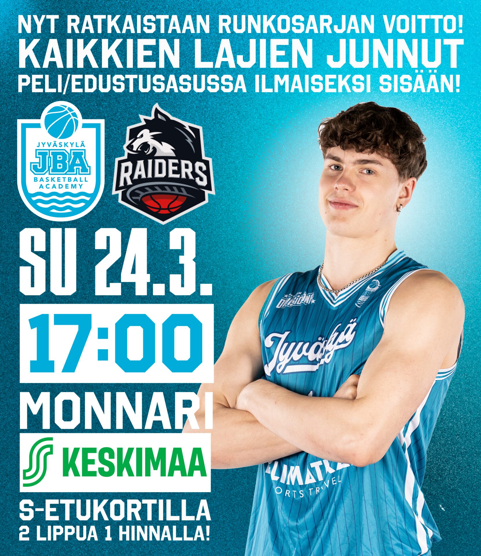 JBA vs Raiders su 24.3. klo 17.00 Monnarissa: runkosarjan voitto ratkaistaan, kaikkien lajien junnut ilmaiseksi sisään peli- tai edustusasussa