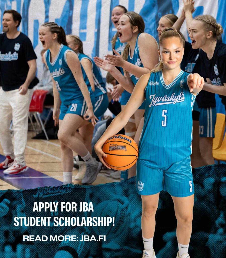 Apply for JBA student scholarship, JBA Naisten pelaaja ja joukkue juhlivat penkillä