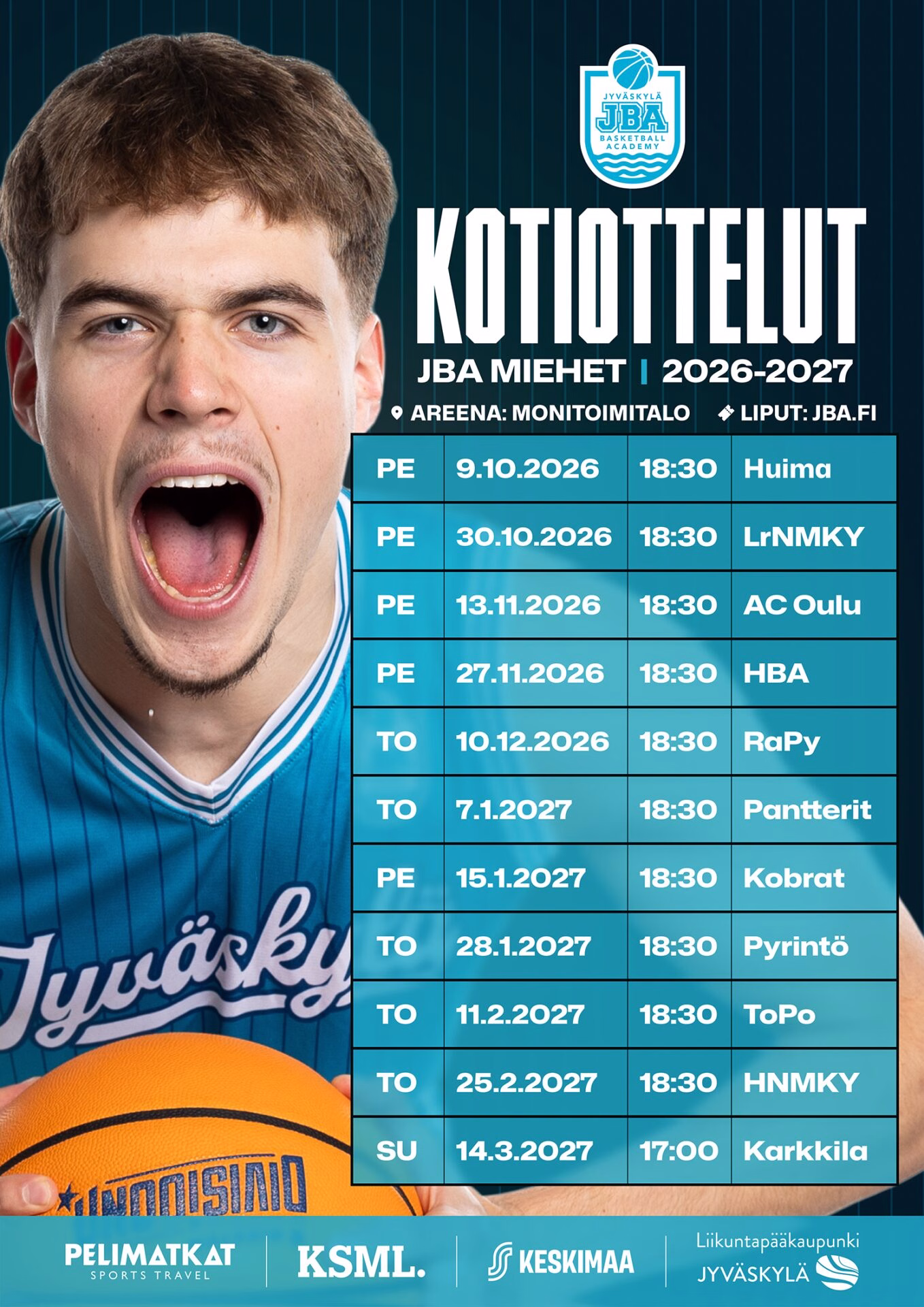JBA Miesten kotiottelut kaudella 2026–2027 Jyväskylän Monitoimitalolla: ensimmäinen kotiottelu pe 9.10.2026 klo 18.30 Huimaa vastaan. Liput jba.fi.