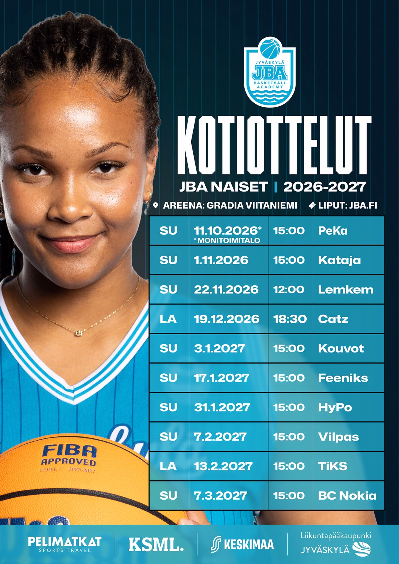 JBA Naisten kotiottelut kaudella 2026–2027: avausottelu su 11.10.2026 Monitoimitalolla PeKaa vastaan, muut kotiottelut Gradia Viitaniemessä. Liput jba.fi.